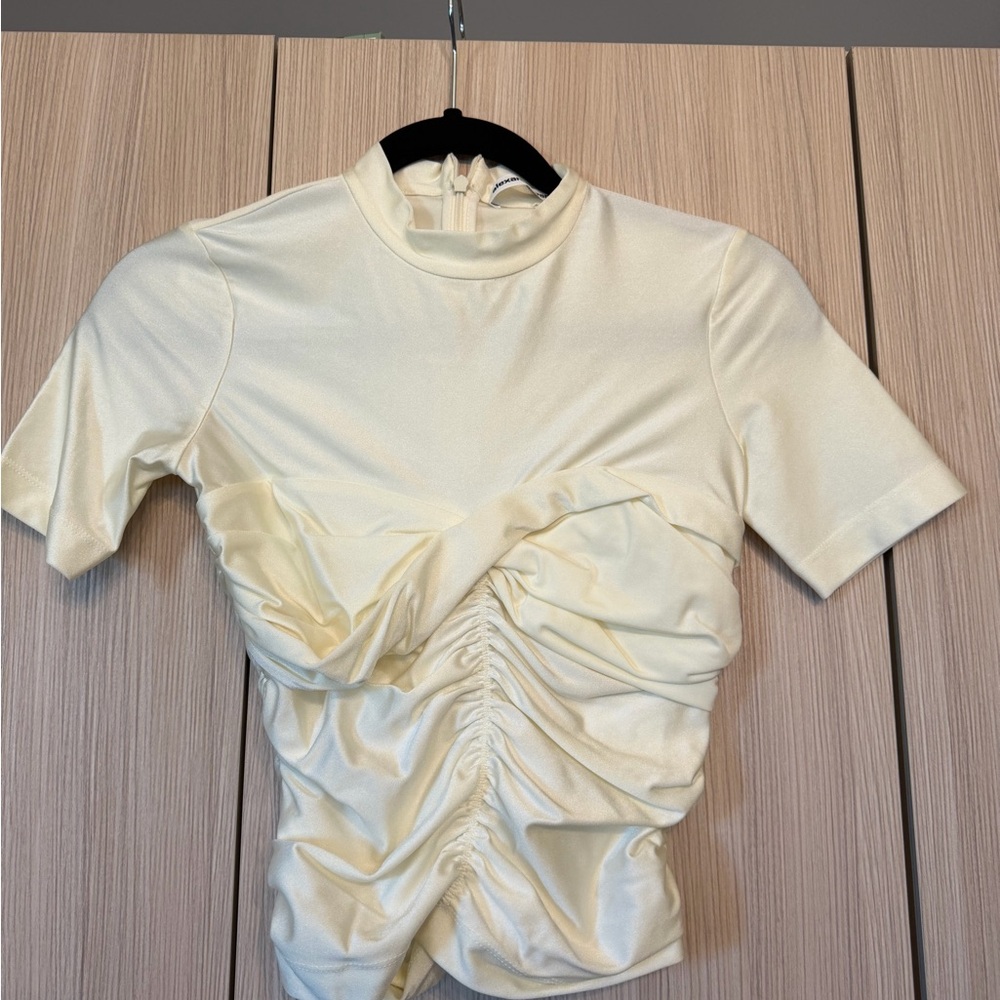 T by Alexander Wang Cream Ruched Short Sleeve Top - Picture 3 of 3